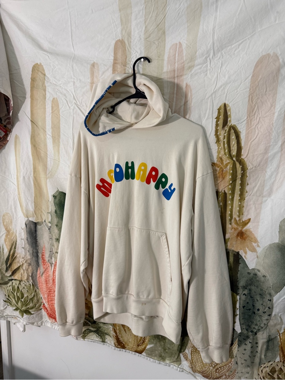 Madhappy Cream Crewneck Hoodie with Multicolor 'HAPPY' Arch